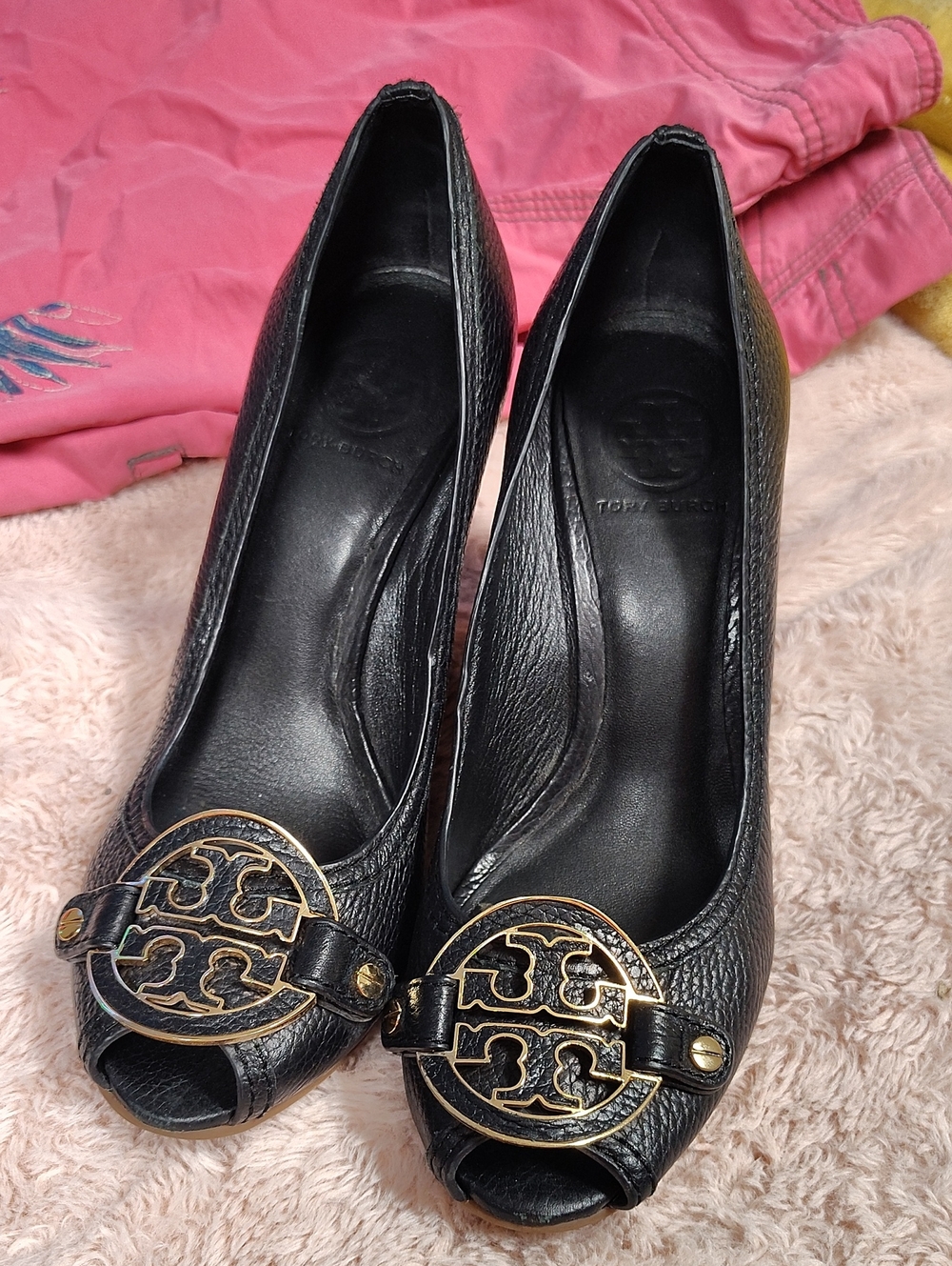 Tory Burch Black Leather Peep-Toe Heels with Gold Logo Medallions